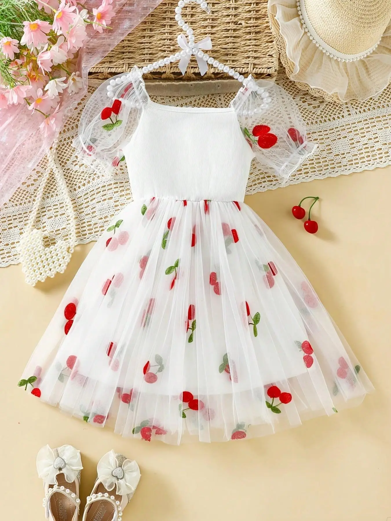 Girls Cherry Mesh Tutu Dress Casual Slim-Fitting Embroidery Puff Sleeve Airy Soft Fabric for Seaside Party Short Trip