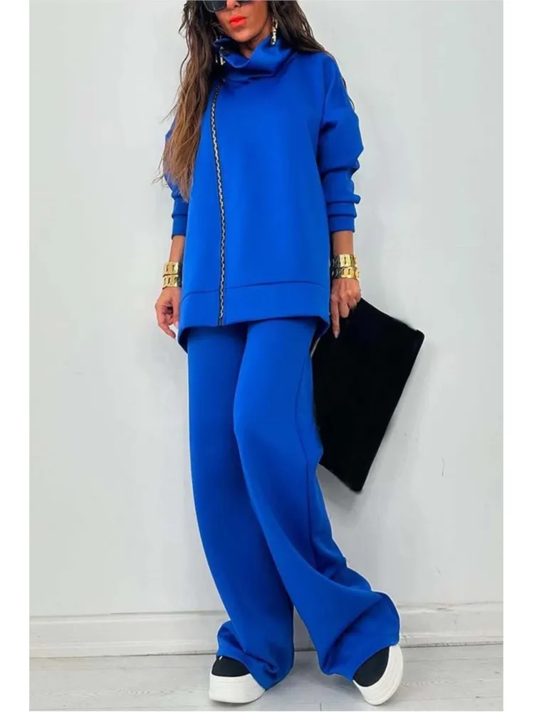 Autumn Winter Fashion Loose Outfits Woman Turtleneck Zipper Sweatshirt Wide Leg Pant Set Women Casual Long Sleeve Solid 2Pc Suit