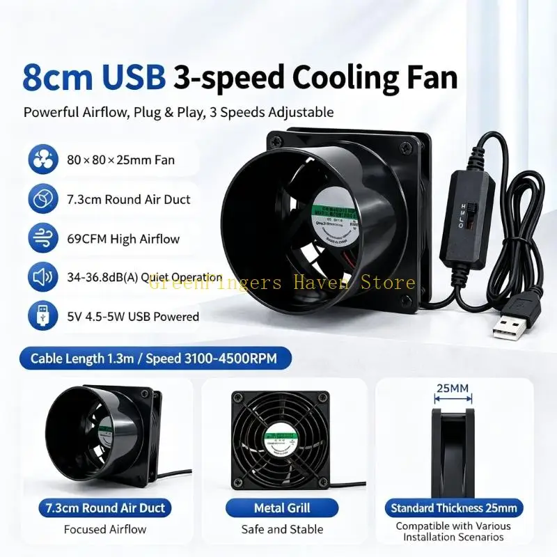 F68D USB Duct Fan with 3 Speed Selector, 5V Exhaust Fan for Bathroom Kitchen 3D Printer Case and Small Area Air Change Support