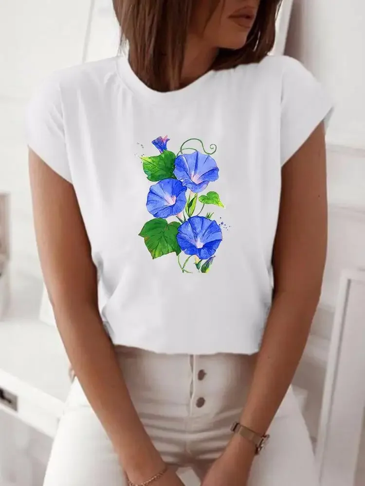 Camiseta con estampado de flores para mujer, ropa de manga corta para mujer, camiseta estampada para mujer, moda de primavera y verano