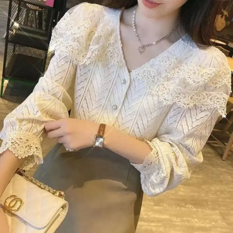 Elegant V-Neck Gauze Ruffles Lace Lantern Sleeve Shirt Female Clothing 2023 Autumn Winter New Casual Tops Loose Sweet Blouse