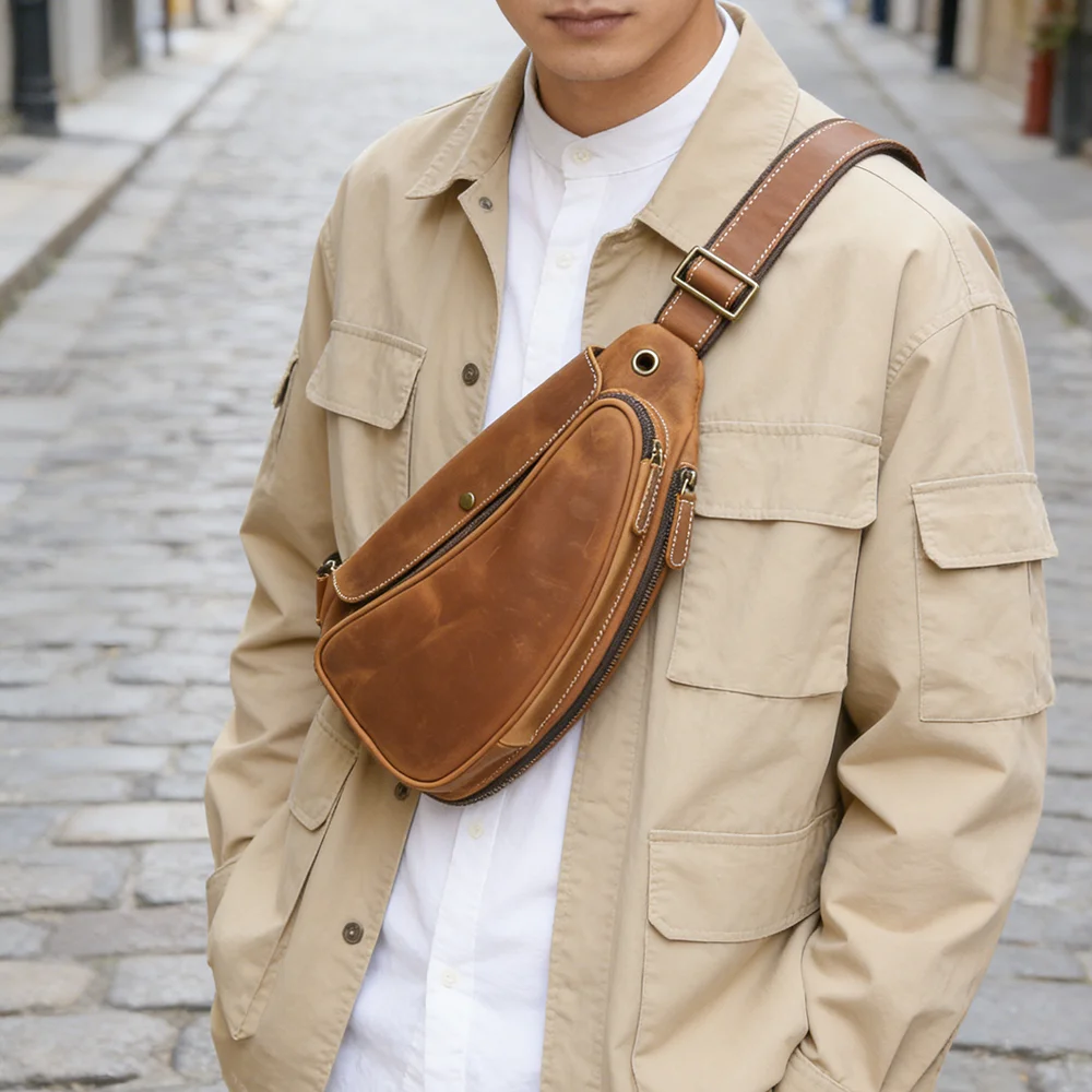 

Осенний лучший продавец 2025: кожаная нагрудная сумка Crazy Horse, винтажная мужская сумка через плечо из натуральной воловьей кожи