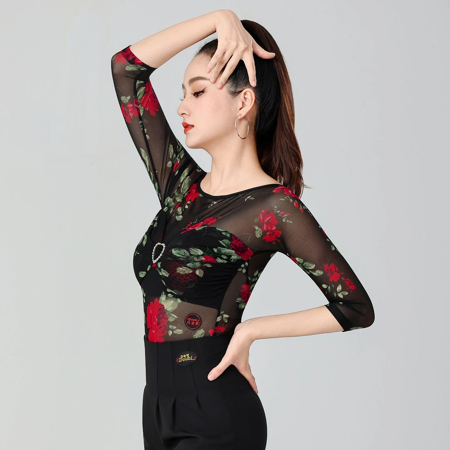 New Mesh Perspective Print Jumpsuit Ballroom Dance Modern Dance Top Women Chacha Rumba Tango Dress Latin Dance Costumes DN21159