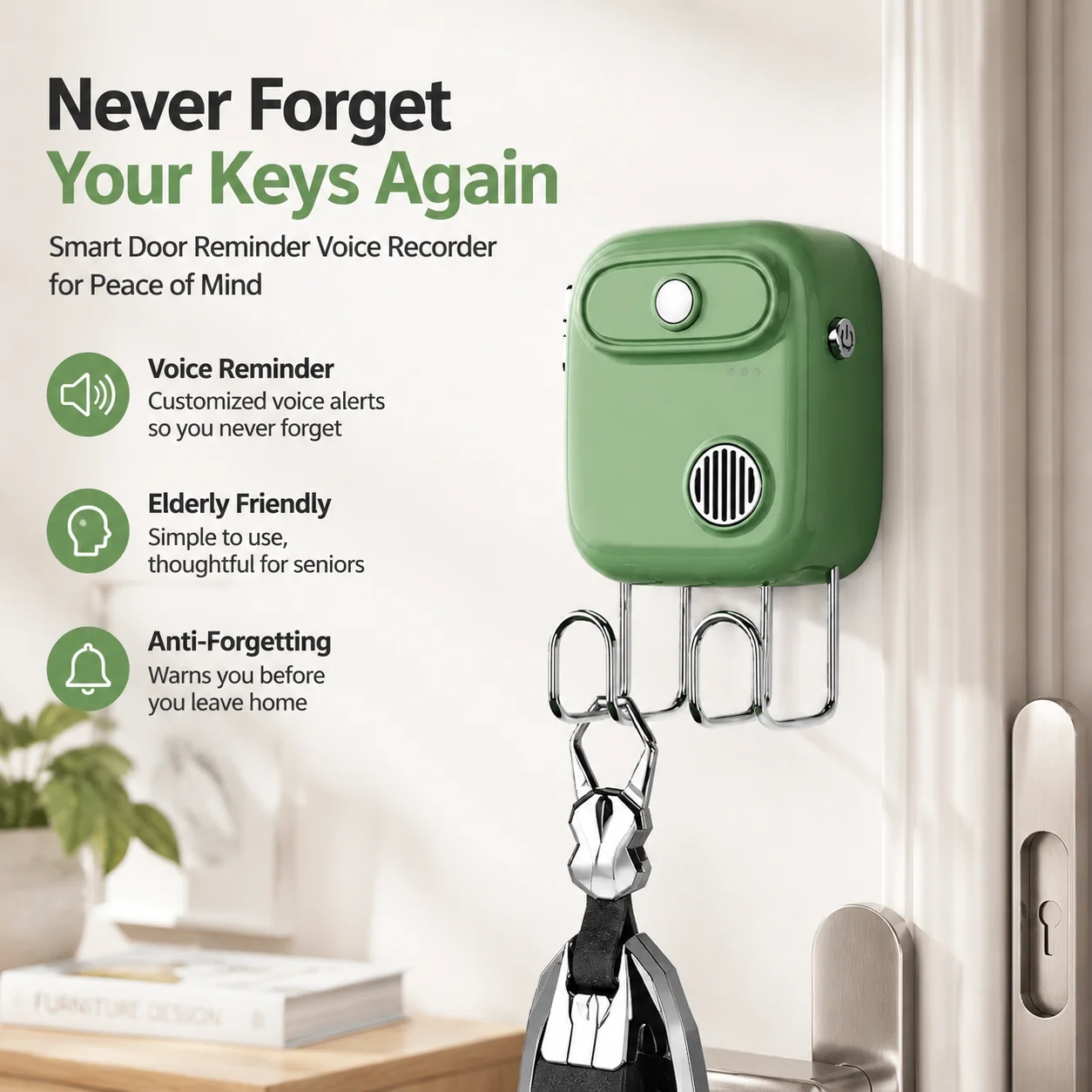Smart Door Reminder Voice Recorder ABS Sensor for Elderly Anti-Forgetting Keys Home Leaving Alarm
