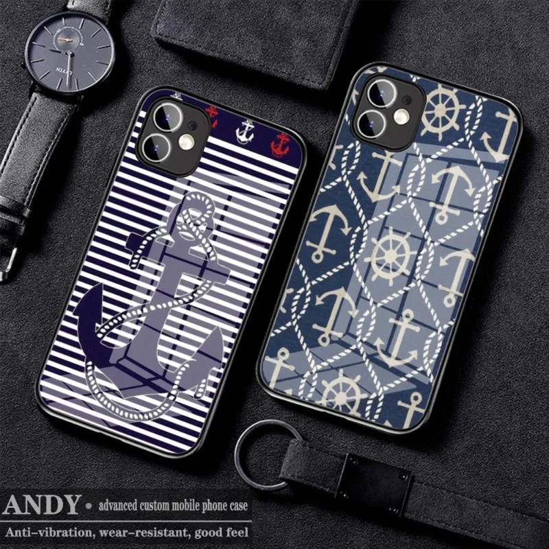 Stripes Anchor Boat Ship Whee  Phone Case Tempered Glass FOR IPhone15  14 13 11 12 Pro 8 7 Plus X 13 Pro MAX XR XS MINI Covers