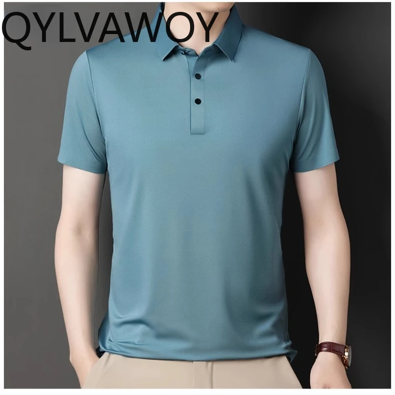 

QYLVAWOY 100% Mulberry Silk Mens T Shirt Short Sleeve Black Top Solid Color Thin Style Polo T-shirts for Men Summer Clothes 2024