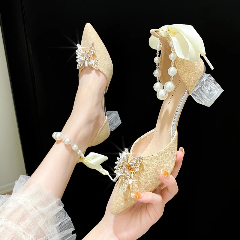 2022 New Fashion High Heels Female High Heels Shallow Mouth Pointed Toe Bow Tie Sexy Hollow Women\'s Shoes 5cm Heel High Shoes