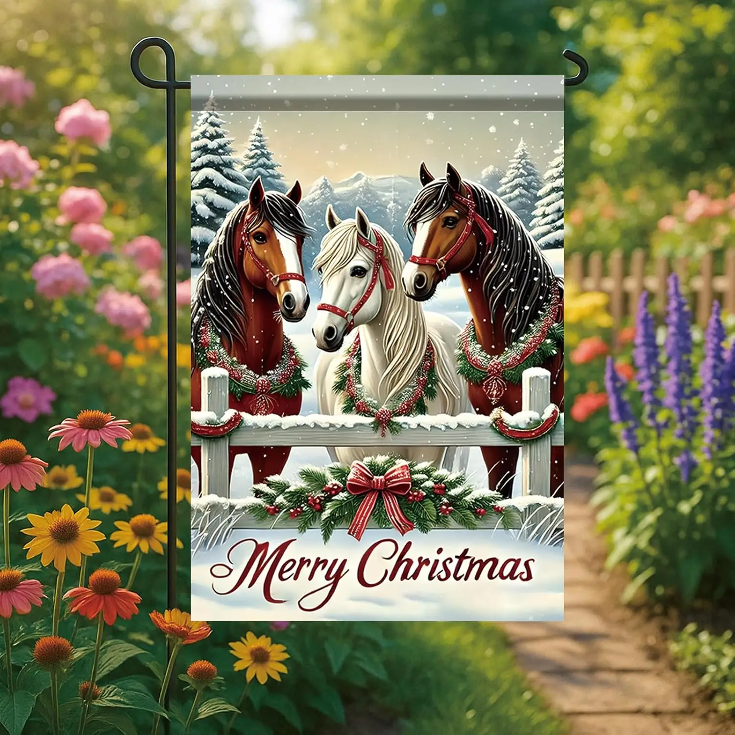 Christmas Horse Garden Flag 12x18 Inch Double Sided Outdoor Winter Farmhouse Holiday Decoration Rustic Snow Forest Merry Chr uui