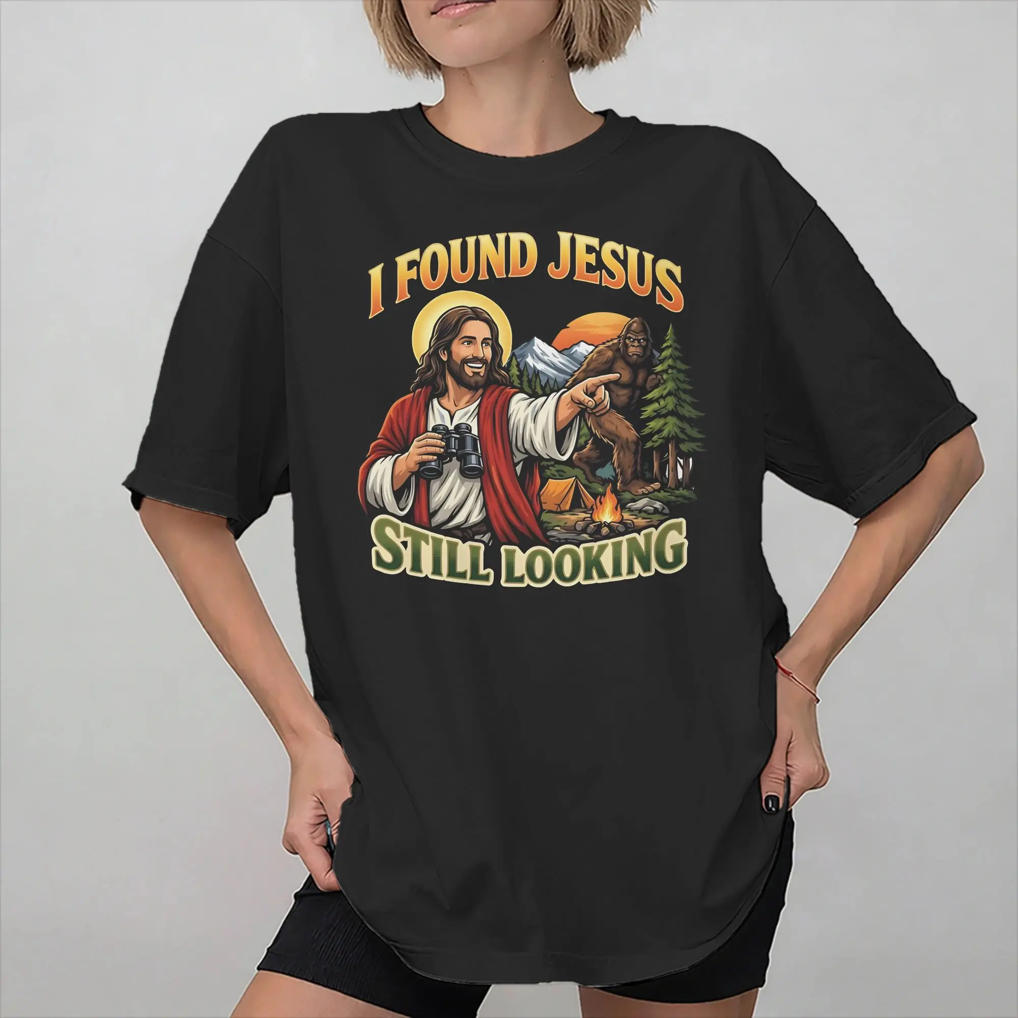 Men Women Graphic Print I Found Jesus Still Looking For Bigfoot Funny Camping Adventure T Shirt Tee Cotton  T-shirts Clothing