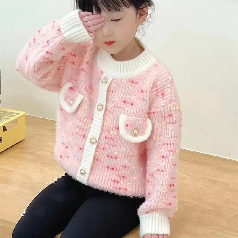 Girls' Sweater Winter New Small Fragrant Style Set Children's Knitted Korean Imitation Mink and Velvet Coat Sweater