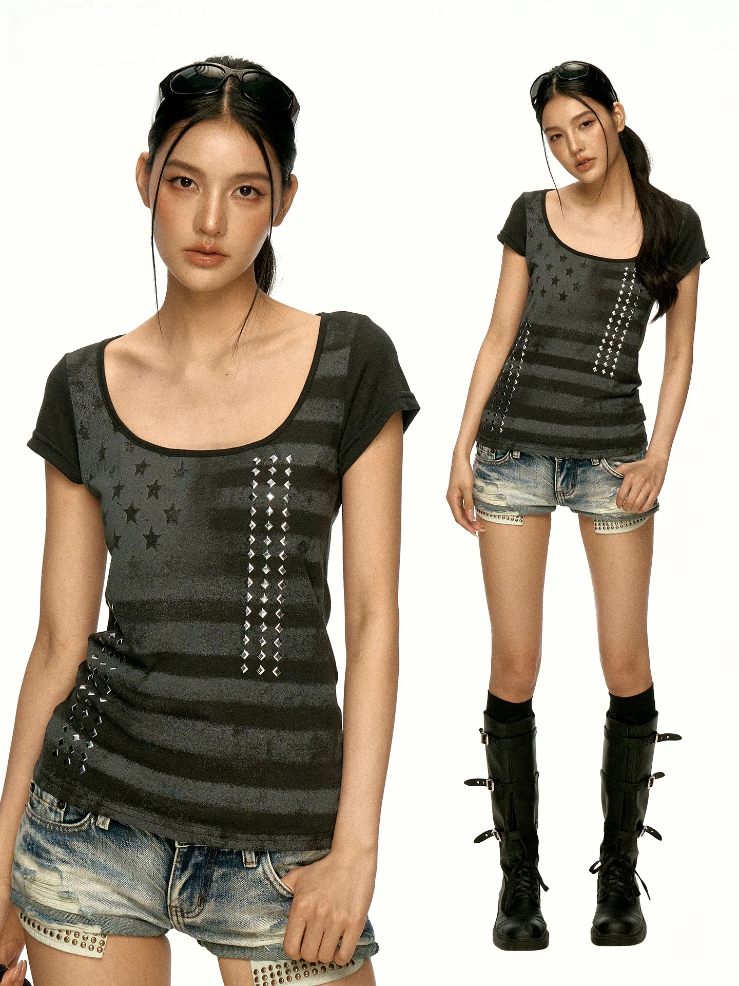 Aaisup American Rhinestone Striped Print Short Sleeve Women's T-shirt Summer Slimming Trendy Top Vintage Style Square Collar
