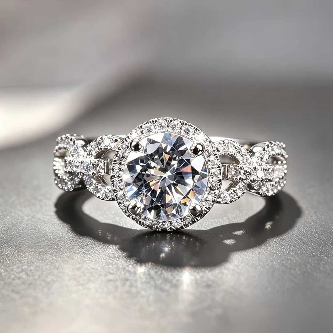 925 Sterling Silver Light‑Luxury Fashion Four‑Prong Round Halo Full‑Diamond Engagement Ring for Women