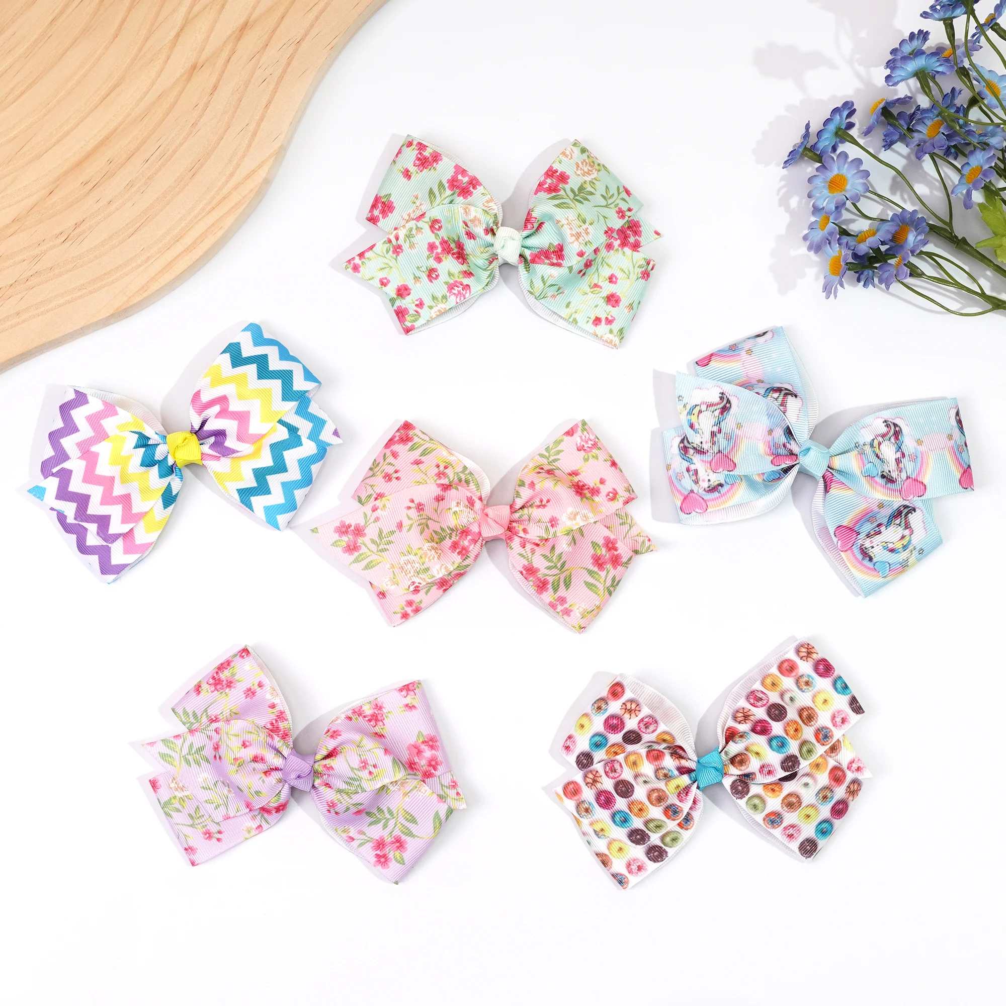5Inch Bows for Girls Boutique Grosgrain Ribbon Rainbow Hair Bow Alligator Hair Clips Pigtail Bows Unicorn Hairpins