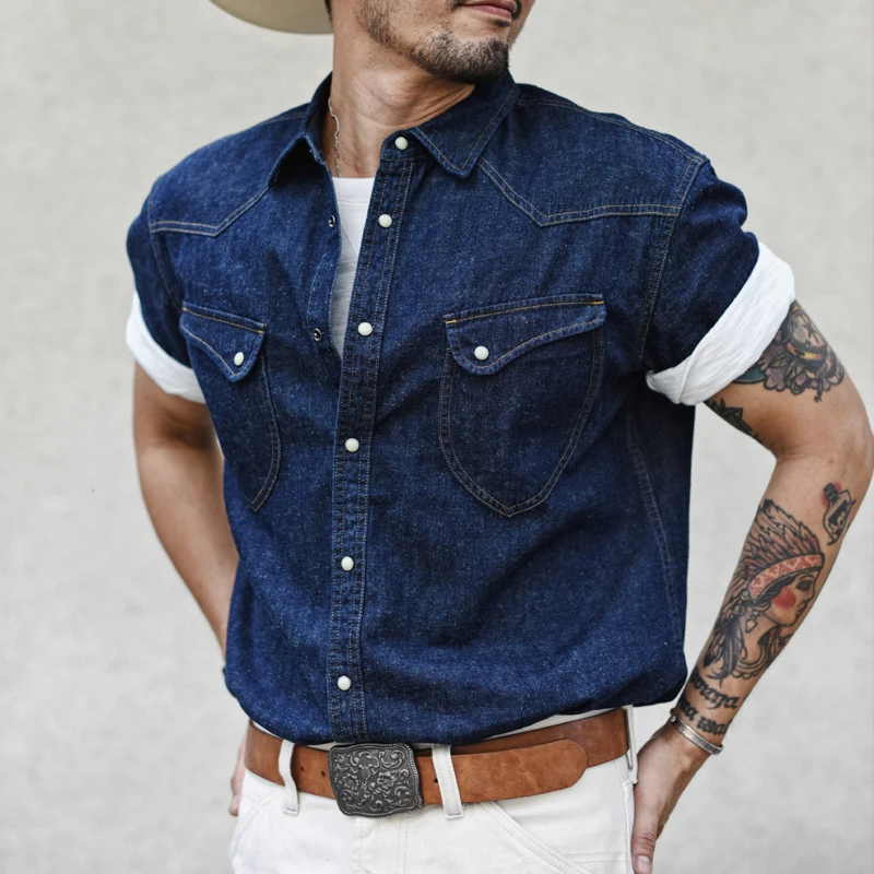 Sauce Zhan  Mens Shirts Summer Short Sleeve Vintage Linen Indigo Denim Shirt Double Pockets Regular Fit