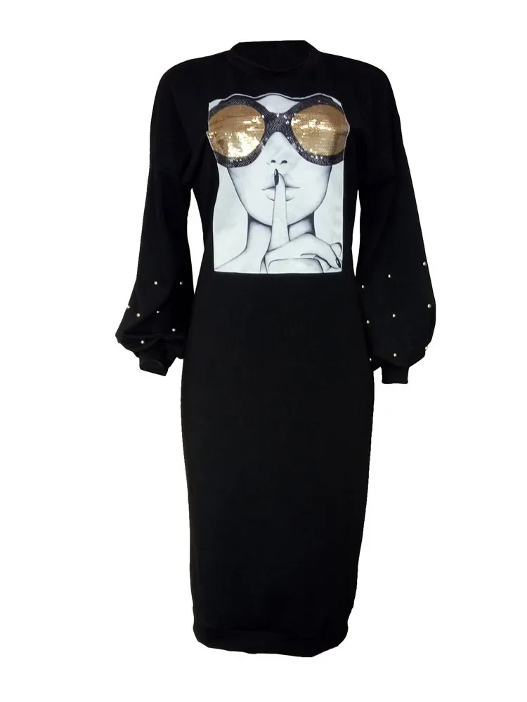 CPSYMYM Fashion Bubble Long Sleeve Beading Sequin Women's Hoodie Dress Spring And Autumn New Casual Printed T Shirt Female Long