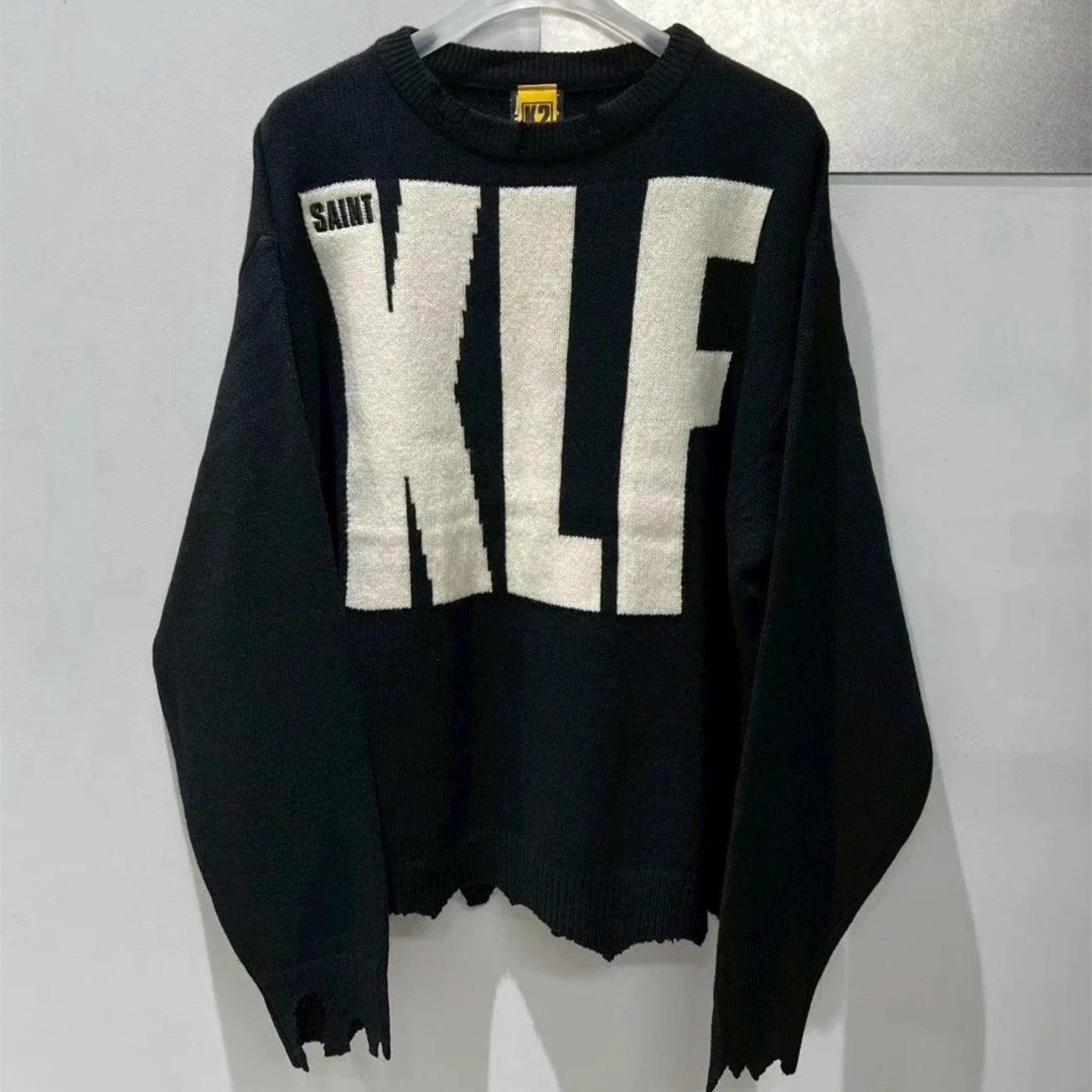 

Black KLF Saint Knitted Holes Sweater Men Women High Quality Oversized Crewneck Knit Sweatshirts