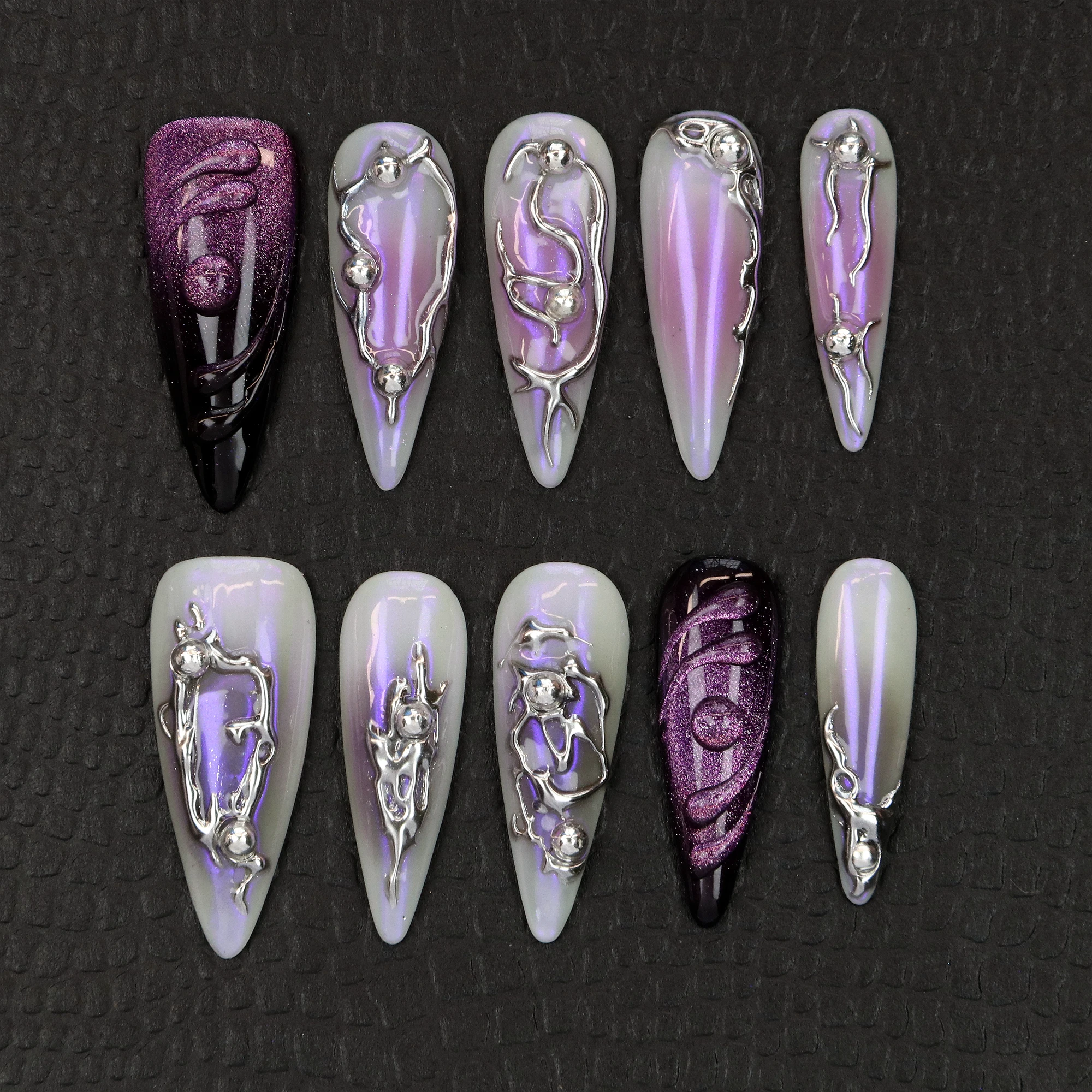 

10Pcs Gothic Long Stiletto Press On Nails,Dark Glam Aurora Mirror,Custom 3D Fake Nails,Punk Metallic Silver and Purple Nail Art