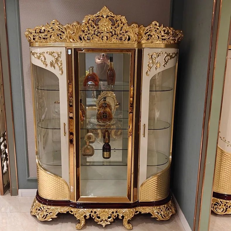 &French Court European Style High-end Handmade Solid Wood Carved Double Door Painted Multi-functional Villa Wine Cabinet Glass