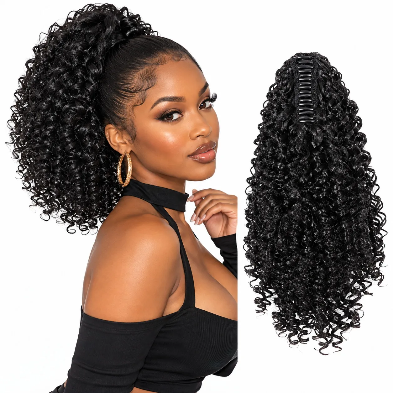 14 Inch Deep Curly Ponytail Extension Claw Clip Fluffy Afro Curly Synthetic Hair Ponytail for Black Women Natural Looking Volume