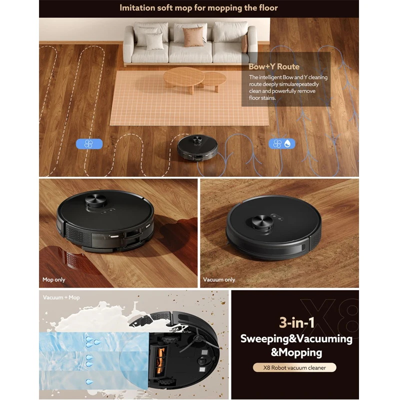 Purerobo LDS Navi X8 Robot Vacuum Cleaner Daya Hisap 5000pa Dengan Aplikasi Gyroscope Vacuum Mop Sweep 3 in 1, Peralatan Rumah Pintar