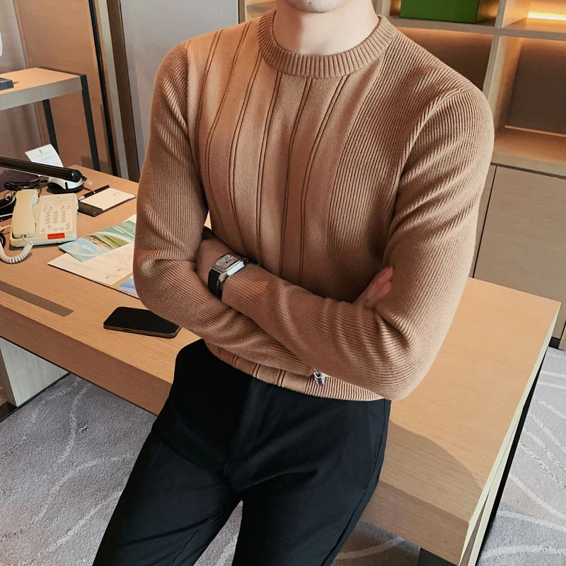 2023 Pullover Men's Sweaters Korean Casual Striped Solid Men Half High Collar Stretch Tight Slim Fit Knit Tops