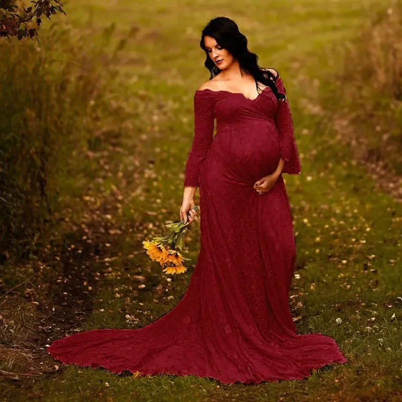 Long Maternity Dresses For Photo Shoot Sexy Lace Fancy Pregnancy Dresses Flare Sleeve Pregnant Women Maxi Gown Photography Props