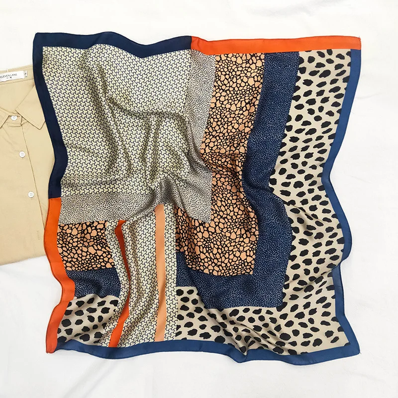 Fashion 70*70cm Square Bandana Head Scarf Leopard Plaid Print For Women Shawls Kerchief Handkerchief Silk Satin Women\'s Hijab