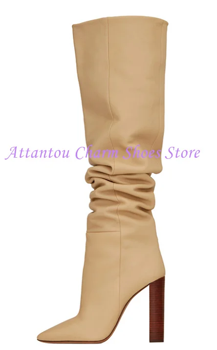 Nude Color Leather Chunky Heel Knee High Boots Woman Fashion Pointed Toe Large Size Long Boots Lady Sexy Banquet Party Shoes
