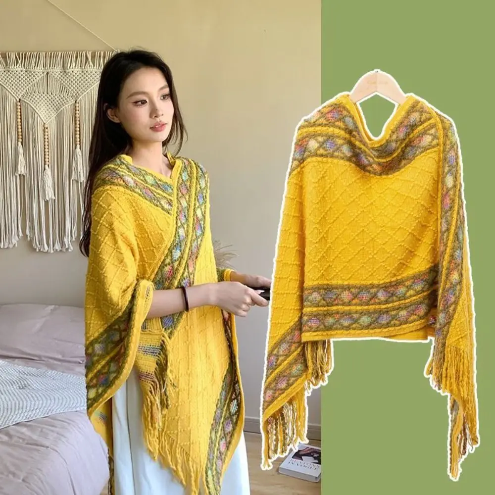 

Retro Printing Ethnic Style Scarf Stripe Rhombic Imitation Cashmere Shawl Warm Bohemia Knitted Cape Outdoor