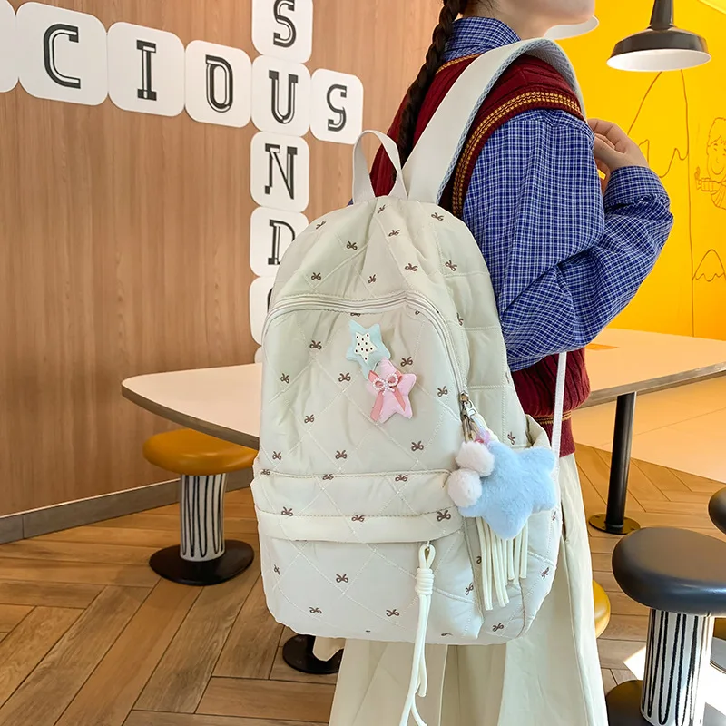 Y2K Cute Bow Print Quilted Backpack Teen Girls Kawaii Plush Pendant School Daypack Casual Travel Rucksack with Front Pocket