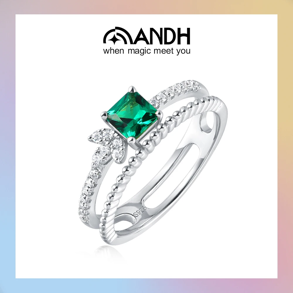 

ANDH Lab-Grown Изумрудные кольца для женщин, стерлинговое серебро 925 пробы, уникальный дизайн в виде листьев и витых элементов, эффектное кольцо для вечеринки, ювелирные украшения