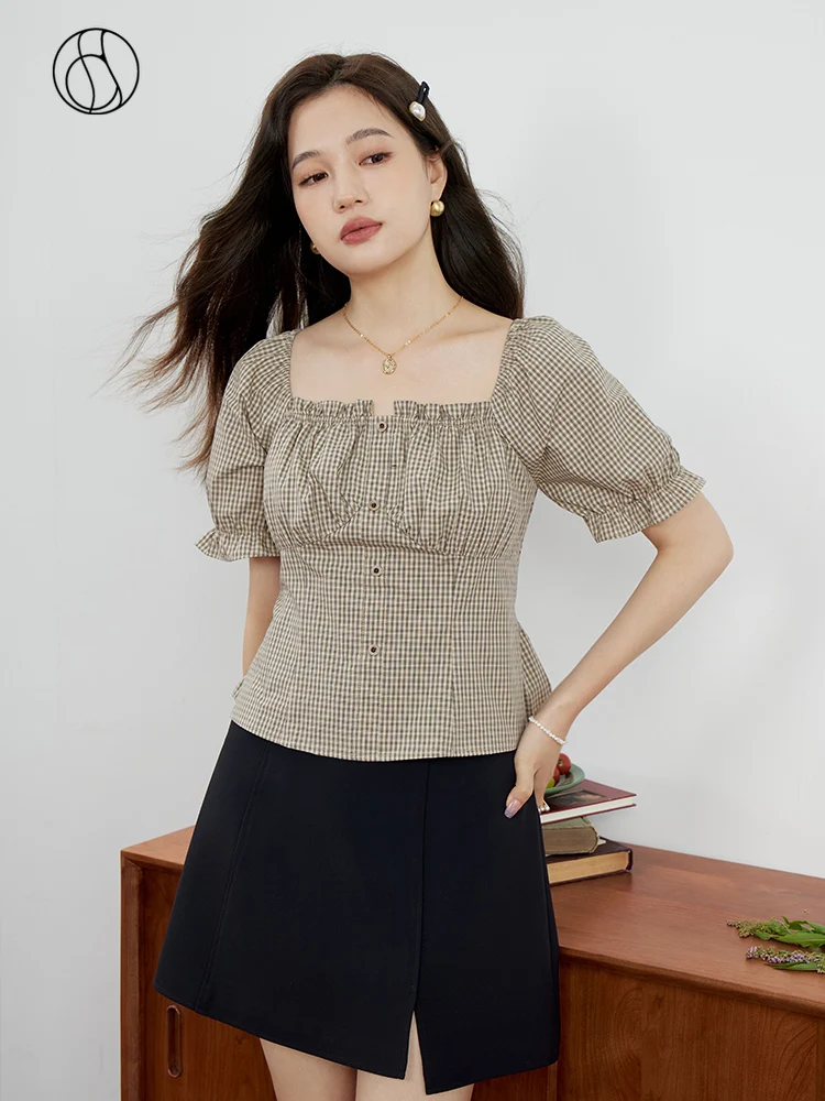 

DUSHU 100% Cotton French Vintage Checker Sweetly Sweetheart Shirt Summer New 2023 Slim Bubble Sleeve Slim Fit Tops For Women