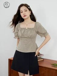 DUSHU 100% Cotton French Vintage Checker Sweetly Sweetheart Shirt Summer New 2023 Slim Bubble Sleeve Slim Fit Tops For Women