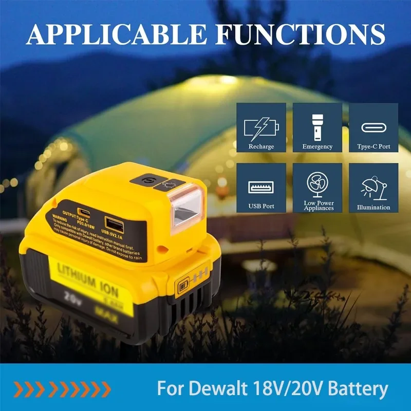Portable Power Converter USB Adapter with 140lm LED Work Light for Dewalt 18V 20V Li-ion Battery with USB Type-C DC 12V
