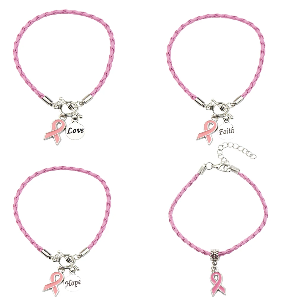 4pcs/set Pink PU Braid Leather Bracelets Awareness Jewelry Breast Cancer Bracelet With Pink Heart Ribbon Charm Pulsera