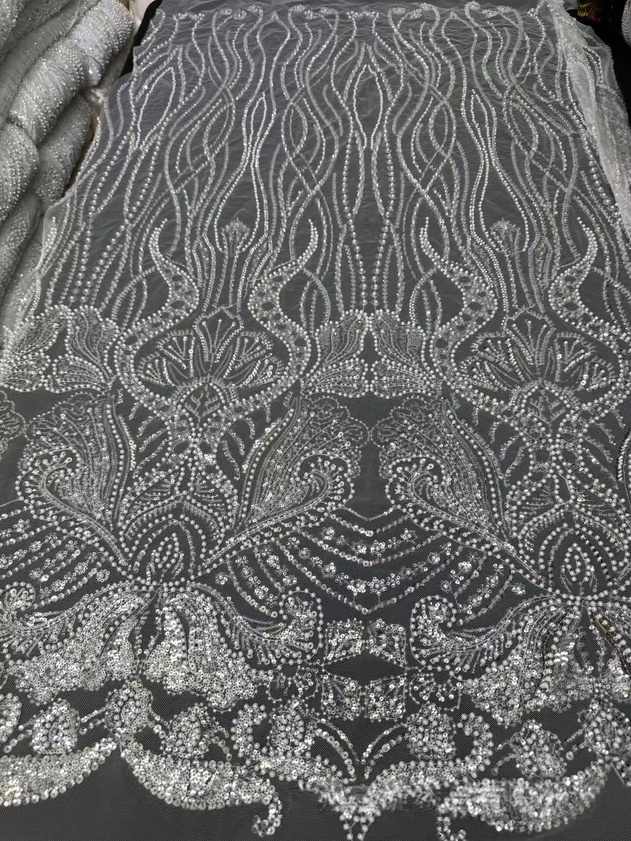 6 Colors African Symmetric Embroidered Flower Sequin Lace Fabric Tulle Beaded Tube Plaid Lace Material Wedding Dress Accessories