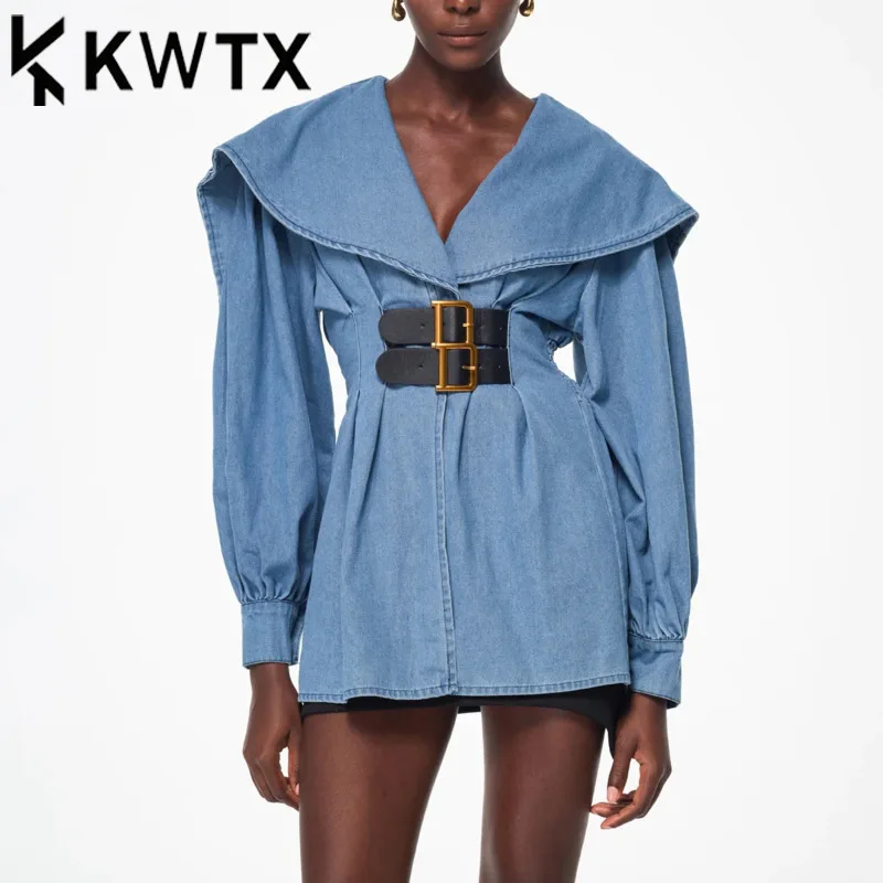 

KWTX Women’s Off-Shoulder Denim Shirt Solid Color Elastic Waist Chic Minimalist Luxury Elegant Spring Summer 2025 Fashion