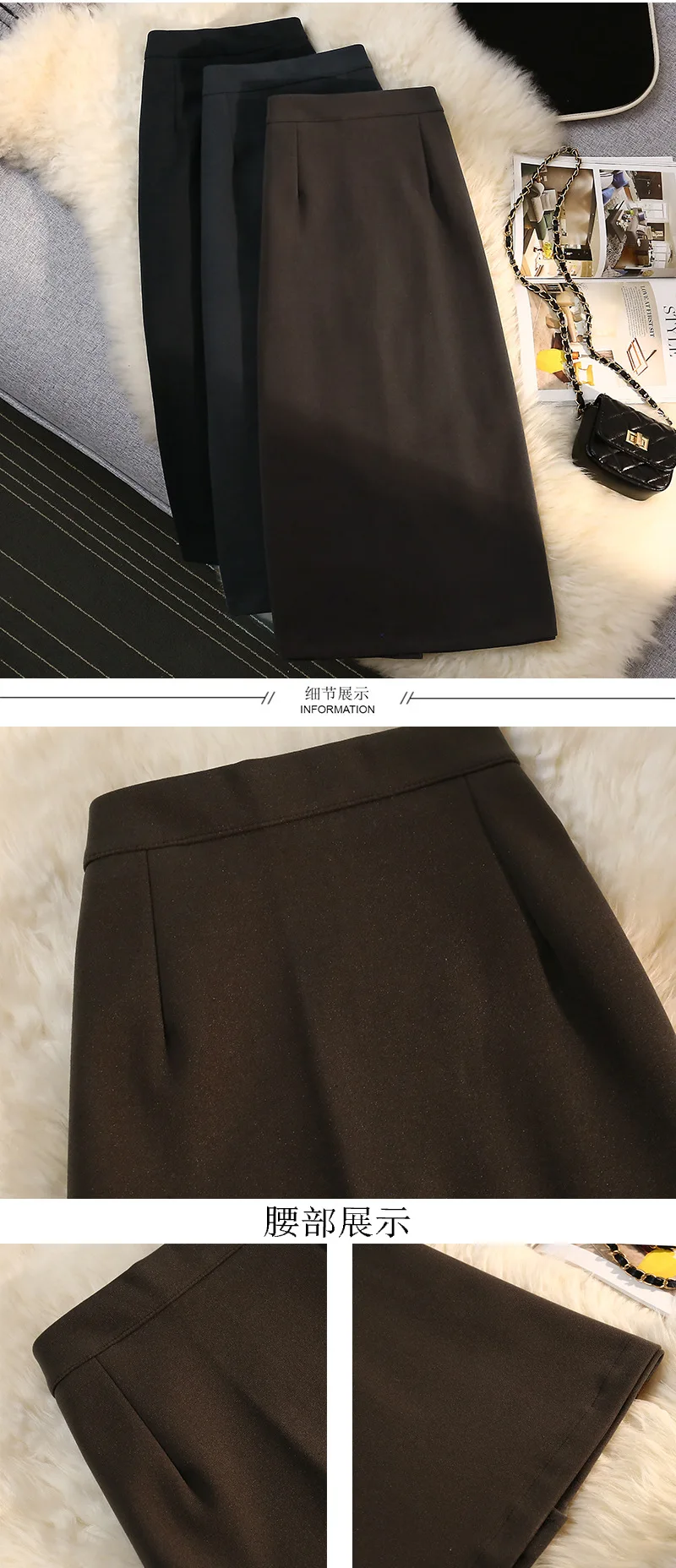 التجارة الخارجية الأكثر مبيعا تنورة متوسطة الطول من الصوف السميك للنساء: 2025 الخريف والشتاء عالية الخصر سليم صالح ألف خط تنورة قلم رصاص، B
