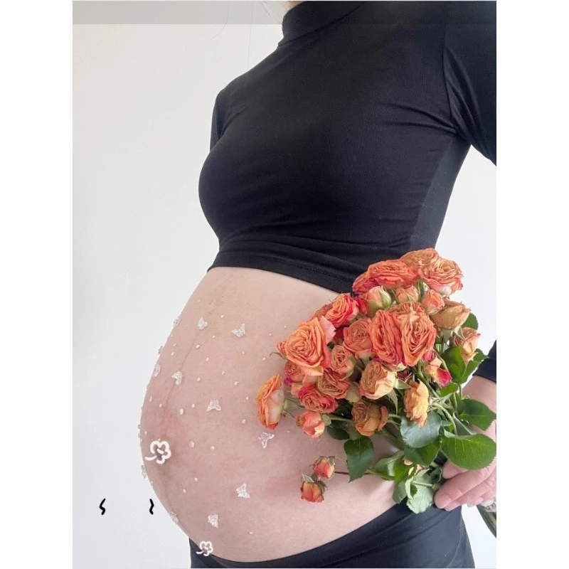 Maternity Photoshoot Set: High Collar Long Sleeve Bodysuit & Panties - Stretch Belly-Revealing Outfit for Pregnancy Photography