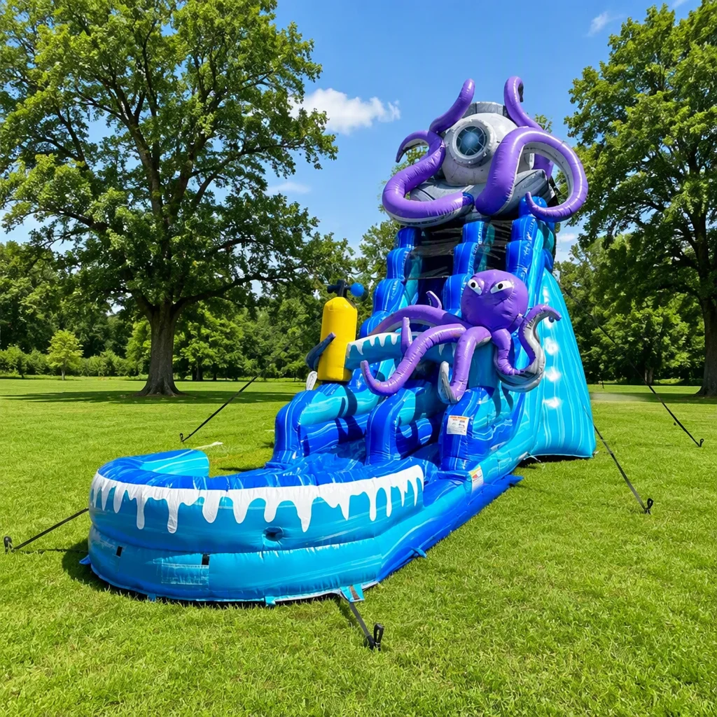 Marble Blue Water Slide Commercial Park Inflatable Water Park Slide with Paddling Pool