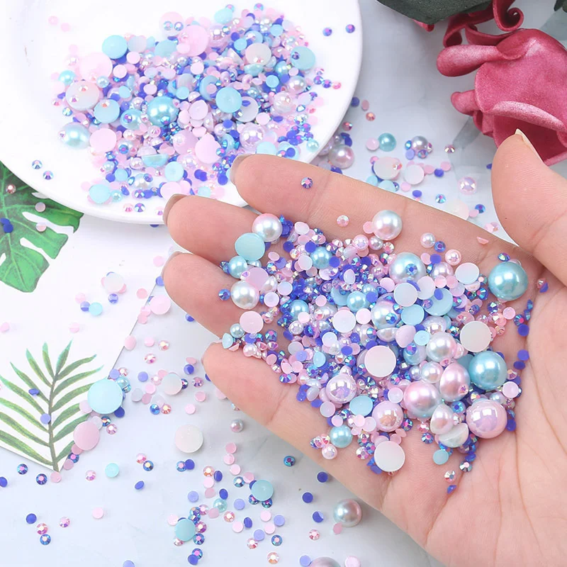 30g Mix Size Jelly Resin Glue Flatback Rhinestone AB Pearl Beads For Nail Art DIY Cup Crafts Decoration Nail Gems Accessories