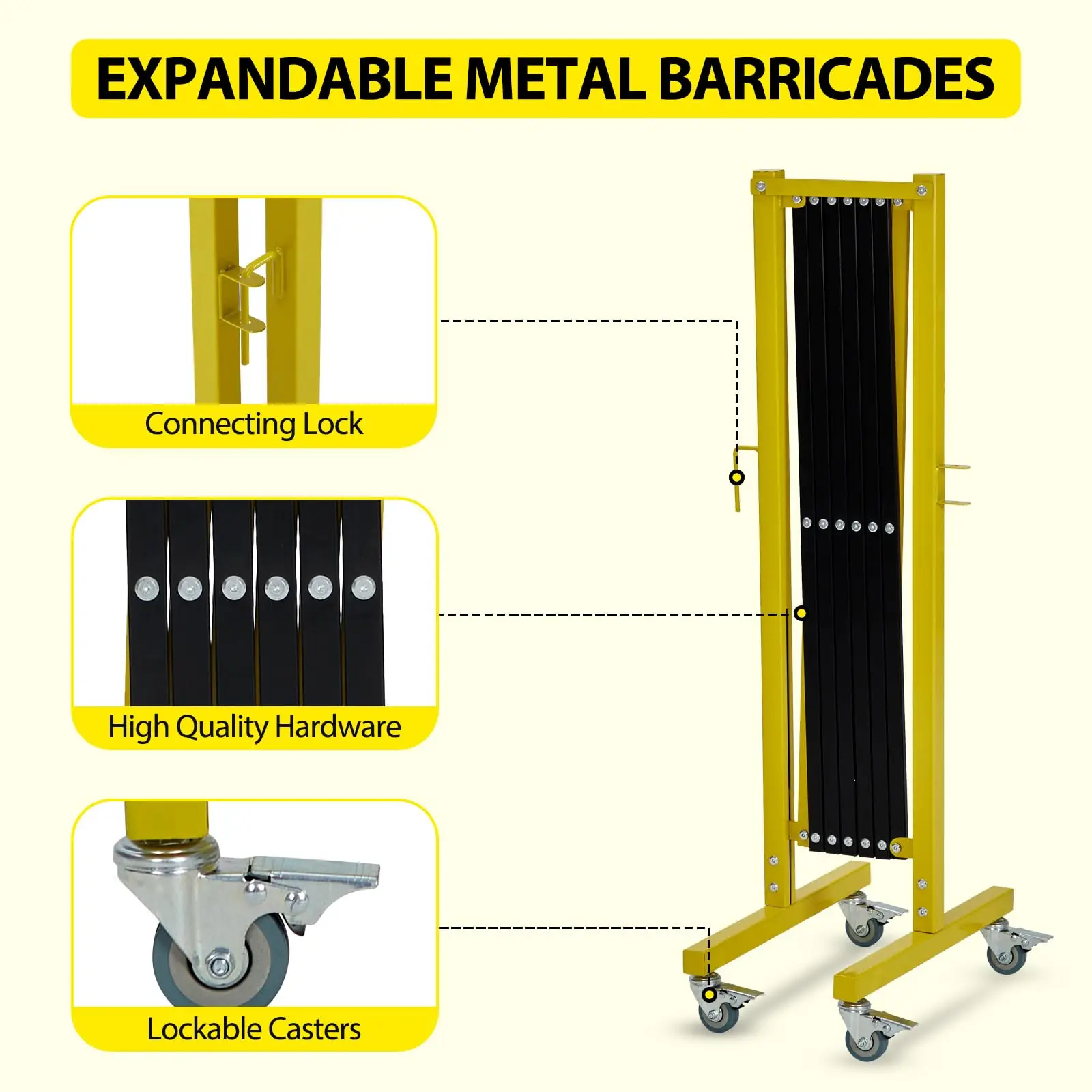 Industriële uitbreidbare metalen barricade 11,8 FT draagbare veiligheidsbarrière met waarschuwingsbord en zwenkwielen, intrekbaar