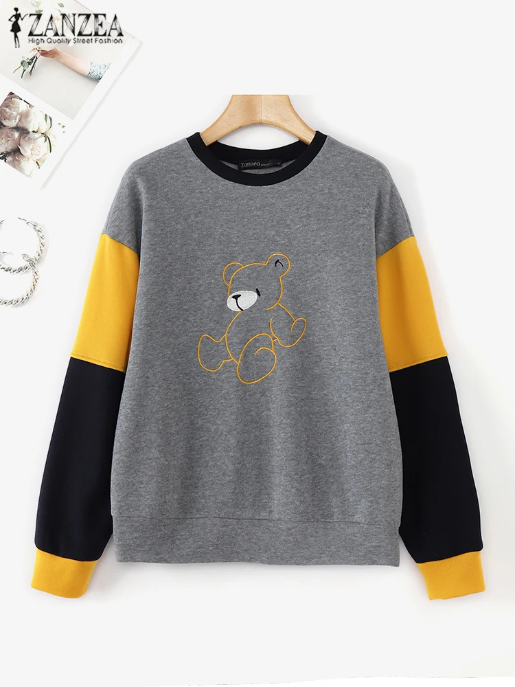 

Большие размеры 5XL, осенние толстовки ZANZEA, женский элегантный джемпер с круглым вырезом, повседневный вязаный топ с длинными рукавами, пуловер с вышивкой медведя