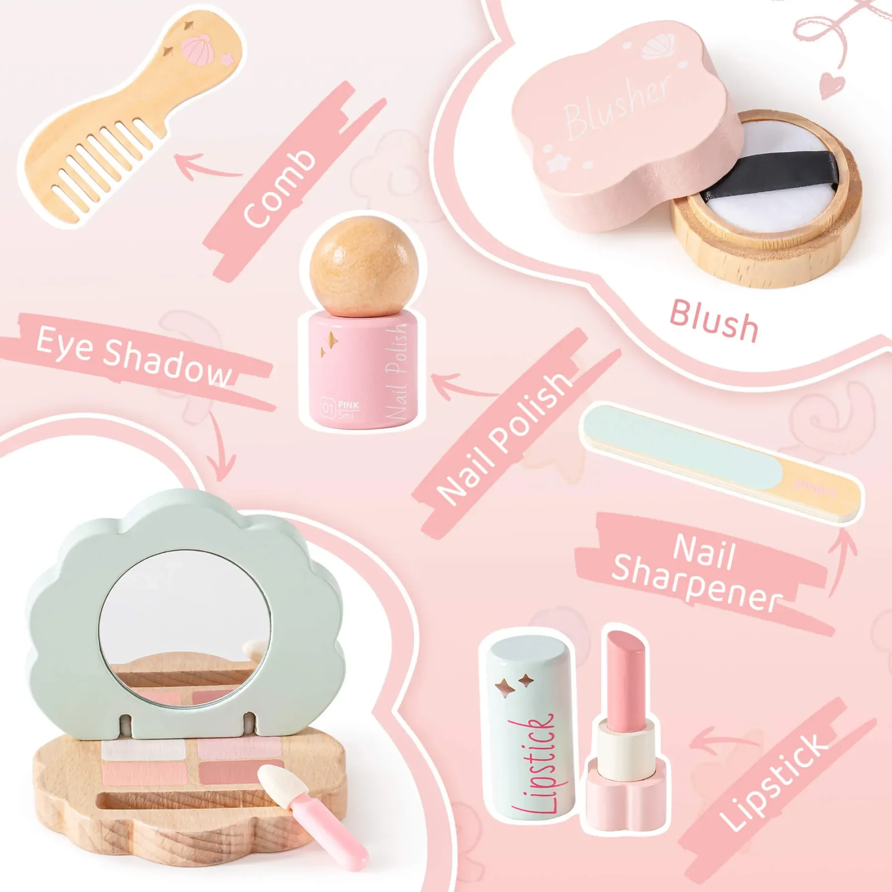 Robud Pretend ชุดโต๊ะแต่งหน้าสําหรับเด็กวัยหัดเดิน ของเล่นเด็กพร้อมกระจกและอุปกรณ์ไม้สีชมพู