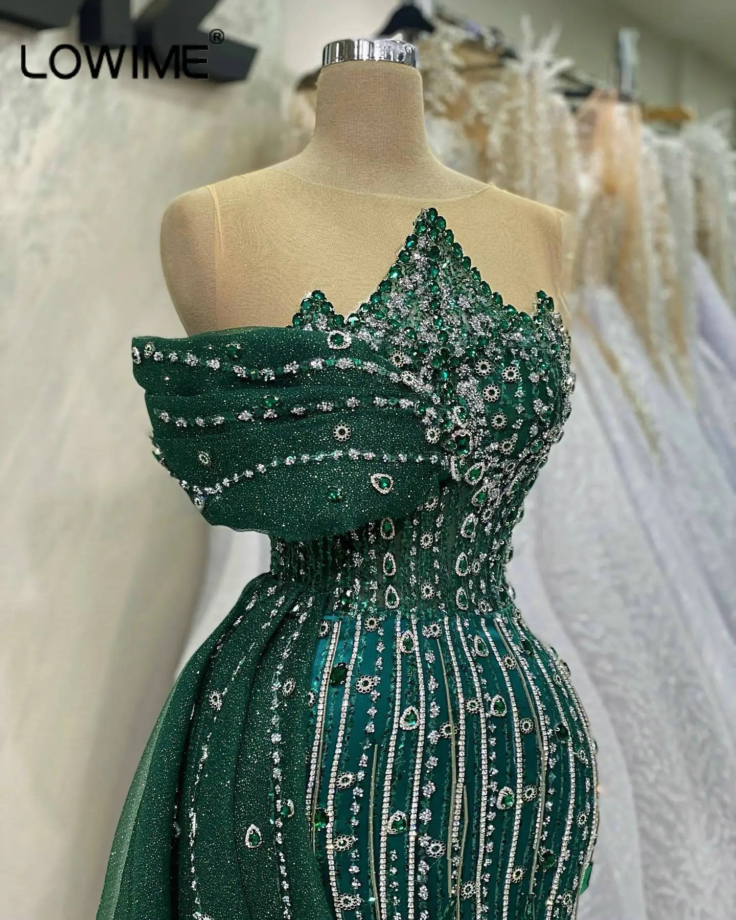 Glitter Green Sequins Mermaid Evening Dresses with Side Tail One Shoulder Crystals Stones Long Prom Party Gowns To A Wedding