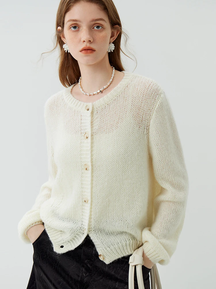 FSLE Round Neck Women Beige Single Brested Cardigans 40.5% Sheep Wool 15.9% Alpaca Light Blue Short Female Autumn Sweaters