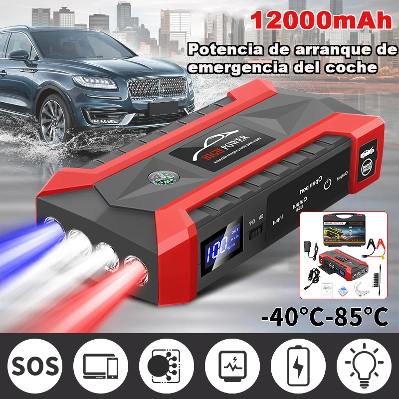 12V Car Booster Jump Starter Diesel Double Start Power Bank Portable Car Battery Starting Device Emergency Light Phone Charge