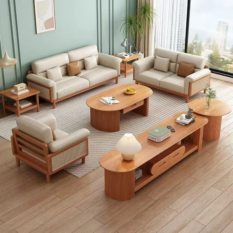 Furniture living room full set of rubber wood solid wood frame rattan breathable armrest sofa