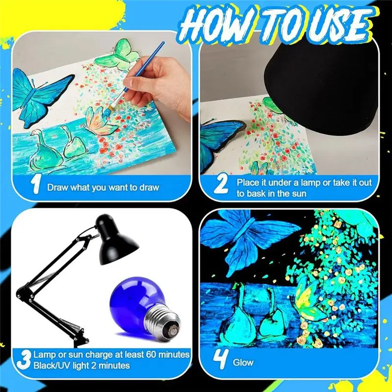 AFOURT-6 Set Glow In The Dark Paint With Paint Brushes 6.7 X 0.8 X 0.8 Inch Bright Colors Acrylic Paints Glow Paint Durable