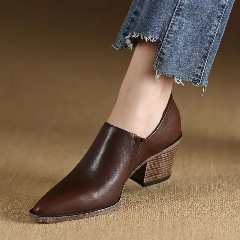 LIHUAMAO LIHUAMAO Street Style Cow Leather Loafers Women's Shoes Chunky Heel Pumps Slip on Mules Shoes Pointed Toe Footwear Party Casual - Aliexpress Deal
